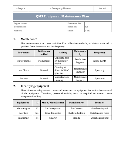 ISO 9001 Equipment Maintenance Plan