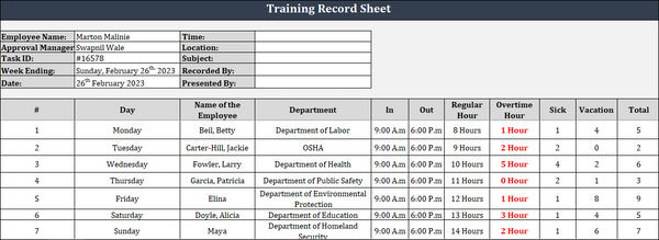 ISO 9001 Training Record Sheet