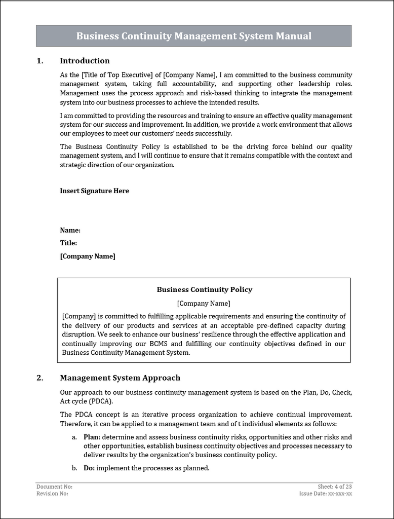 ISO 22301 Business Continuity Management System Manual Template