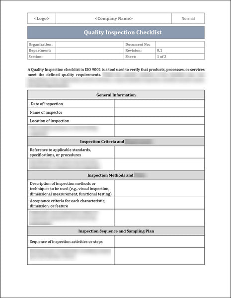 ISO 9001 Quality Inspection Checklist Template