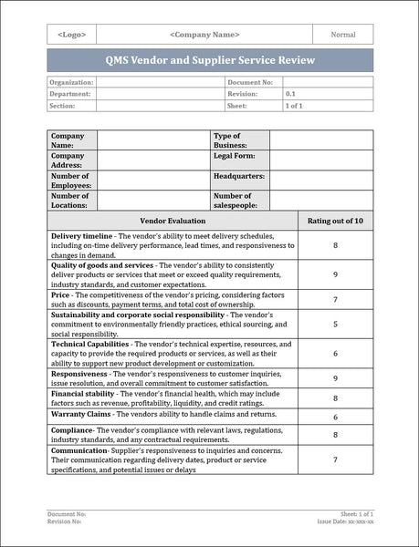 ISO 9001 QMS Vendor and Supplier Service Review Template