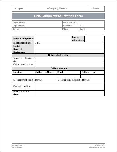 ISO 9001 Equipment Calibration Form
