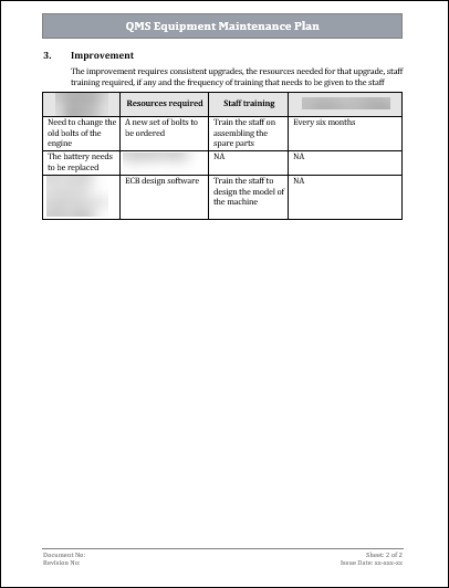 ISO 9001 Equipment Maintenance Plan