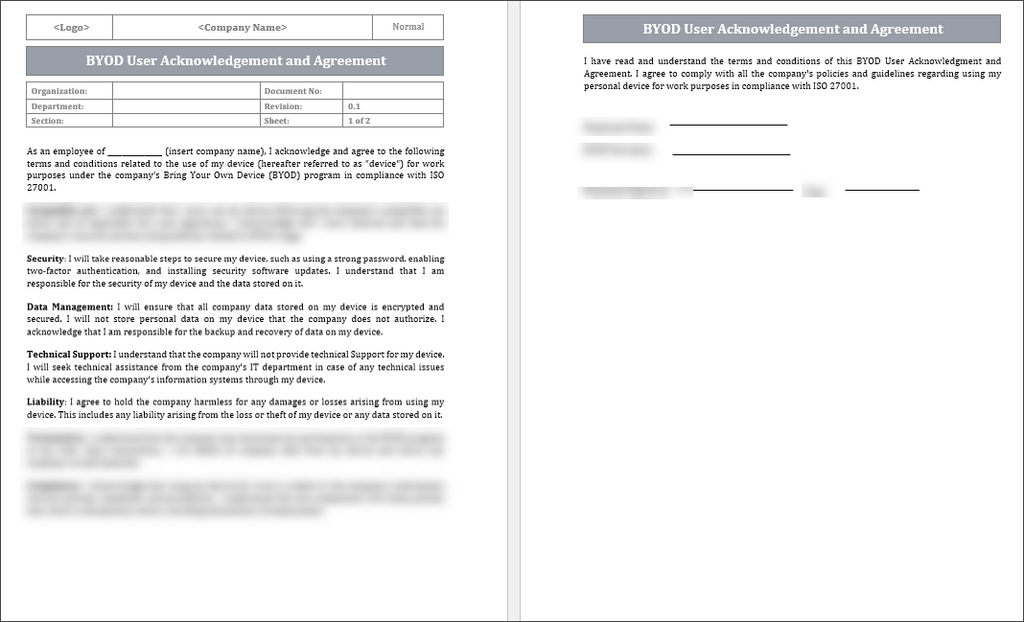 BYOD User Acknowledgement and Agreement Template, ISO 27001 BYOD User Acknowledgement and Agreement Template, ISO 27001:2022