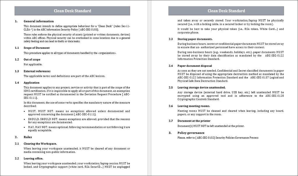 ISO 27001:2022 Clean Desk Standard Policy template, Clean Desk Standard Policy, iso 27001