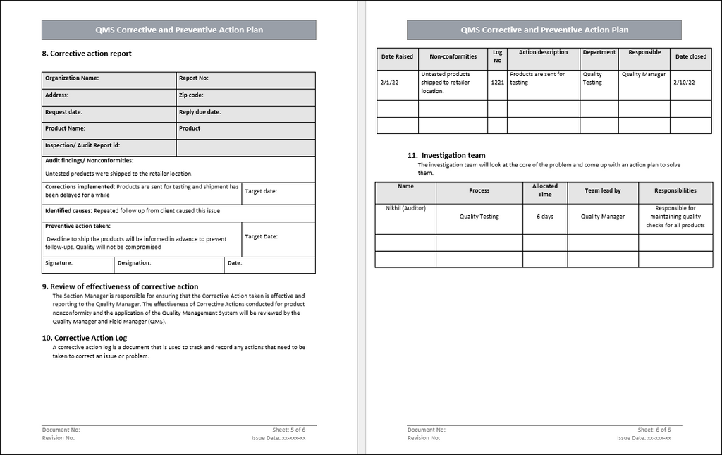 Corrective Actions Template