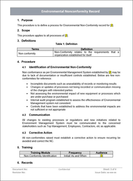 Environment nonconformity record, Environment non-conformity