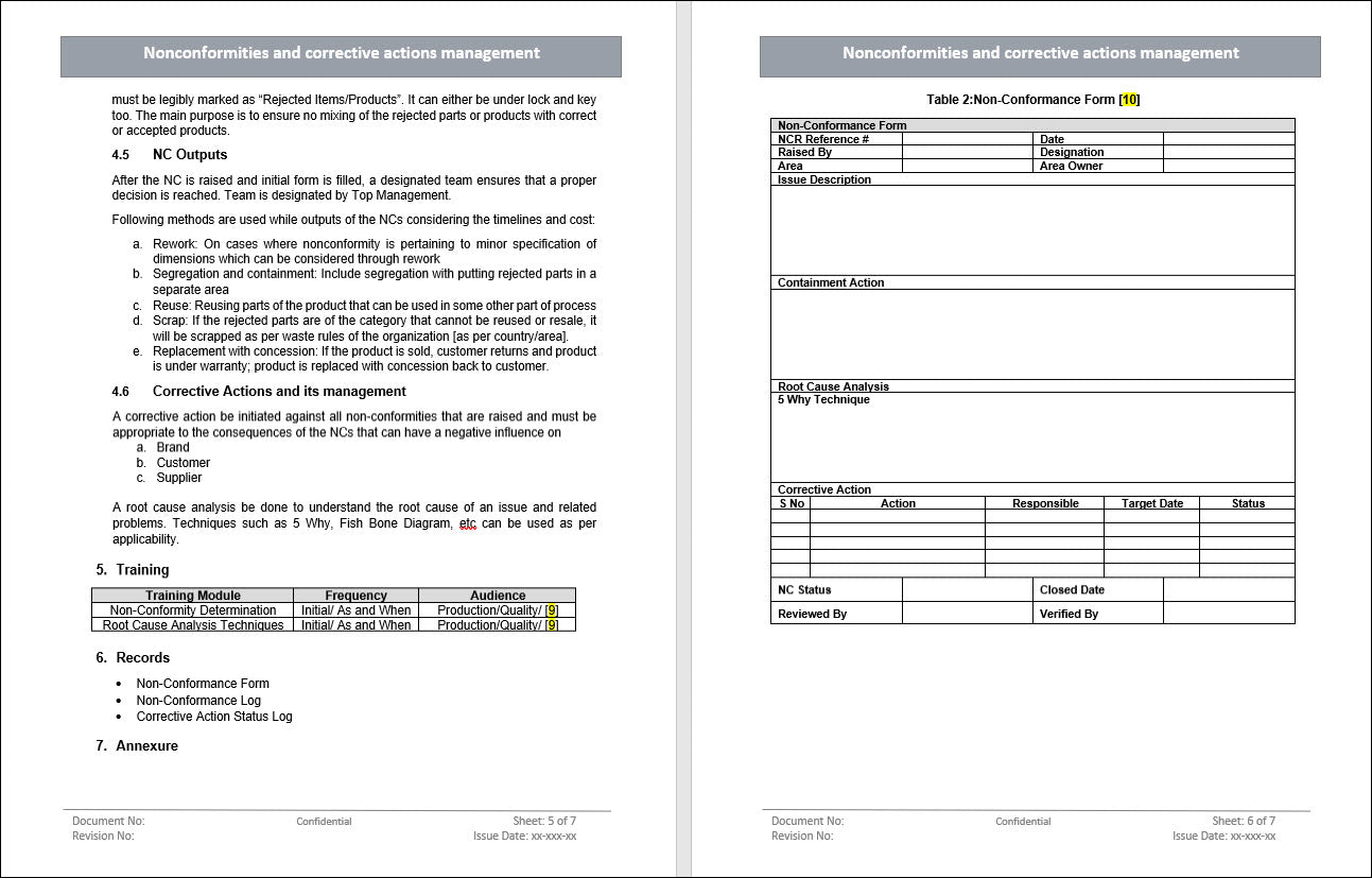 Non conformance form, Non conformities