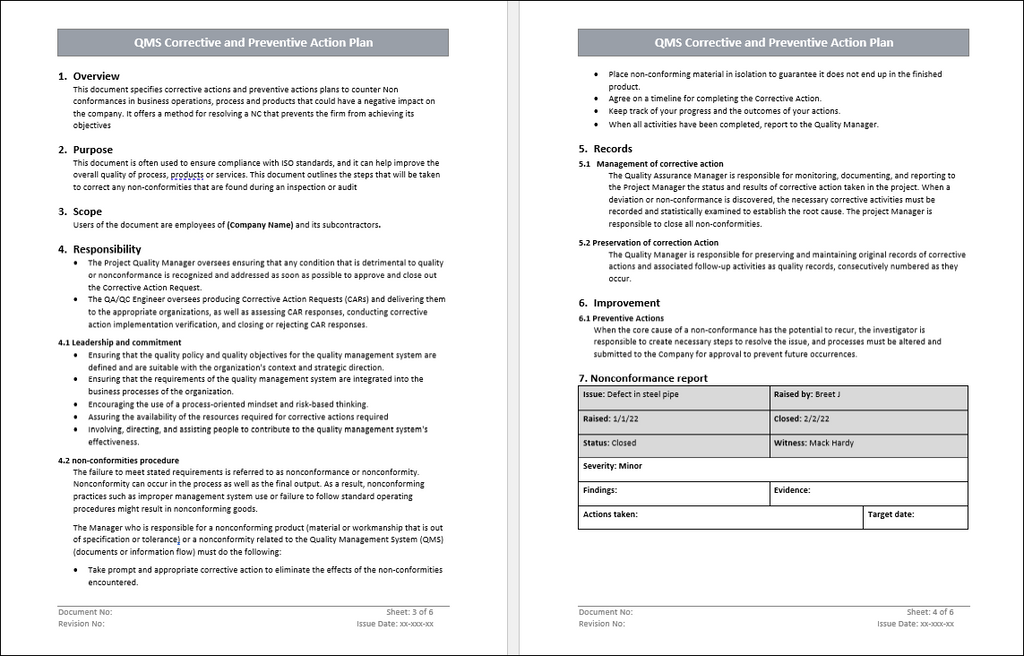 Corrective Actions Template