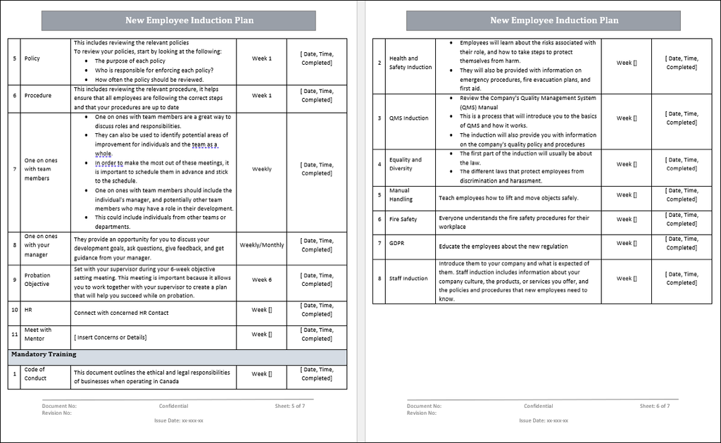 QMS New Employee Induction Plan Word Template
