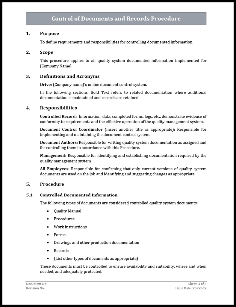 ISO 22301 Control of Documents and Records Procedure Template