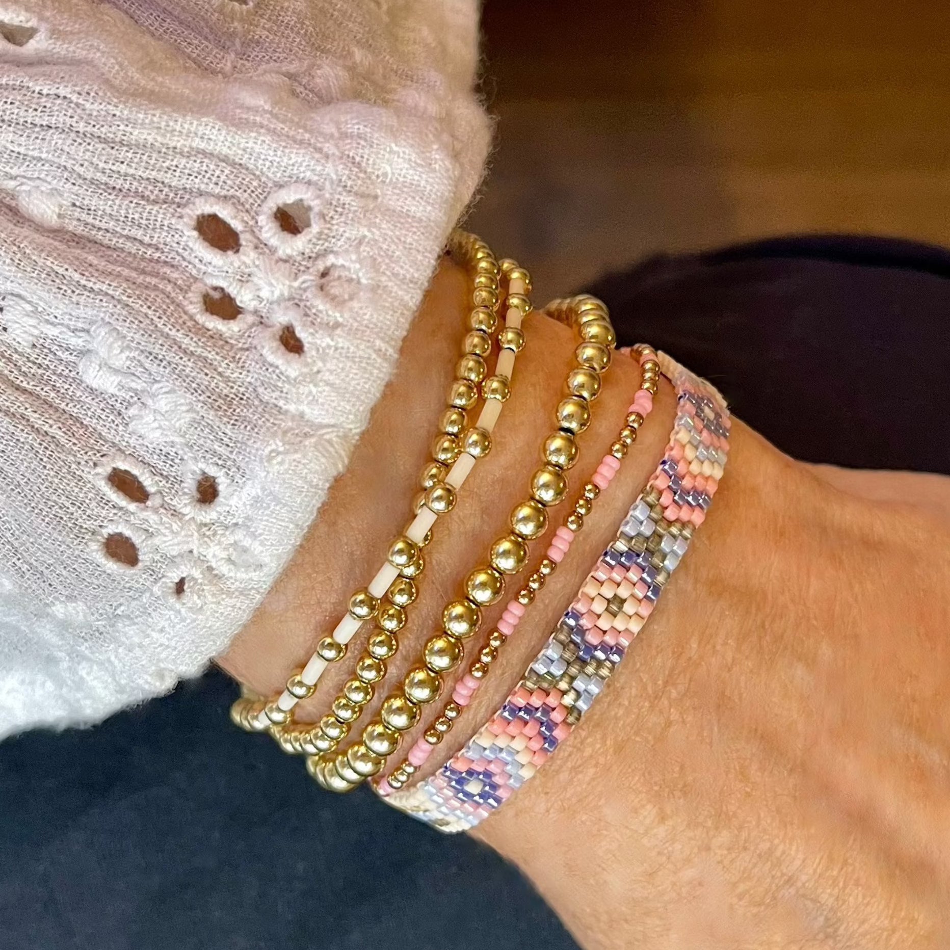 Bead Bracelets | Aztec/Gold Stretch | Stacks/Solos | Pink/Peach/Blue