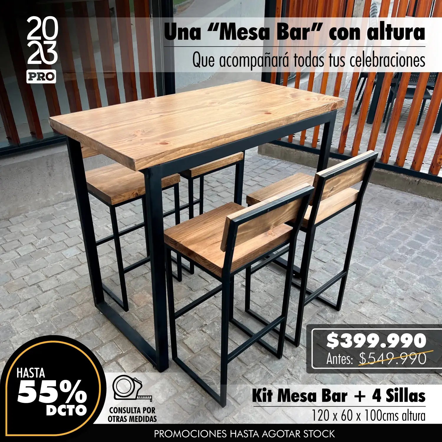Kit Mesa bar + 4 Sillas Bar (120 x 60cms)