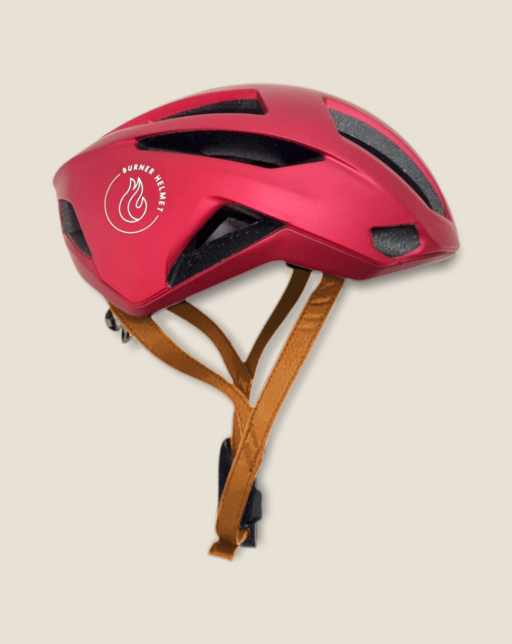 Red Ocean nachhaltiger Fahrradhelm rot mit braunen Riemen aus veganem Leder