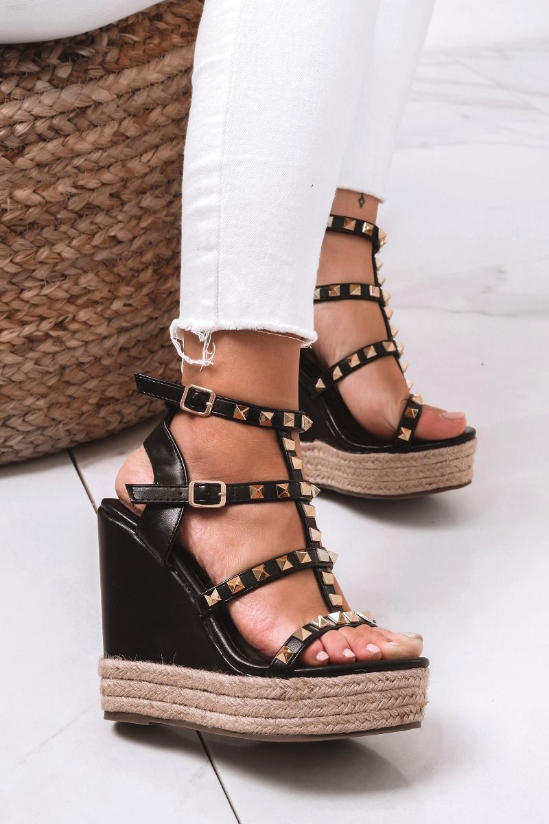 BETTA - Black lace up sandals with silver studs and wedge