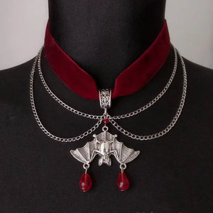 Goth Victorian Red Velvet Choker Bat Necklace - Gothicq