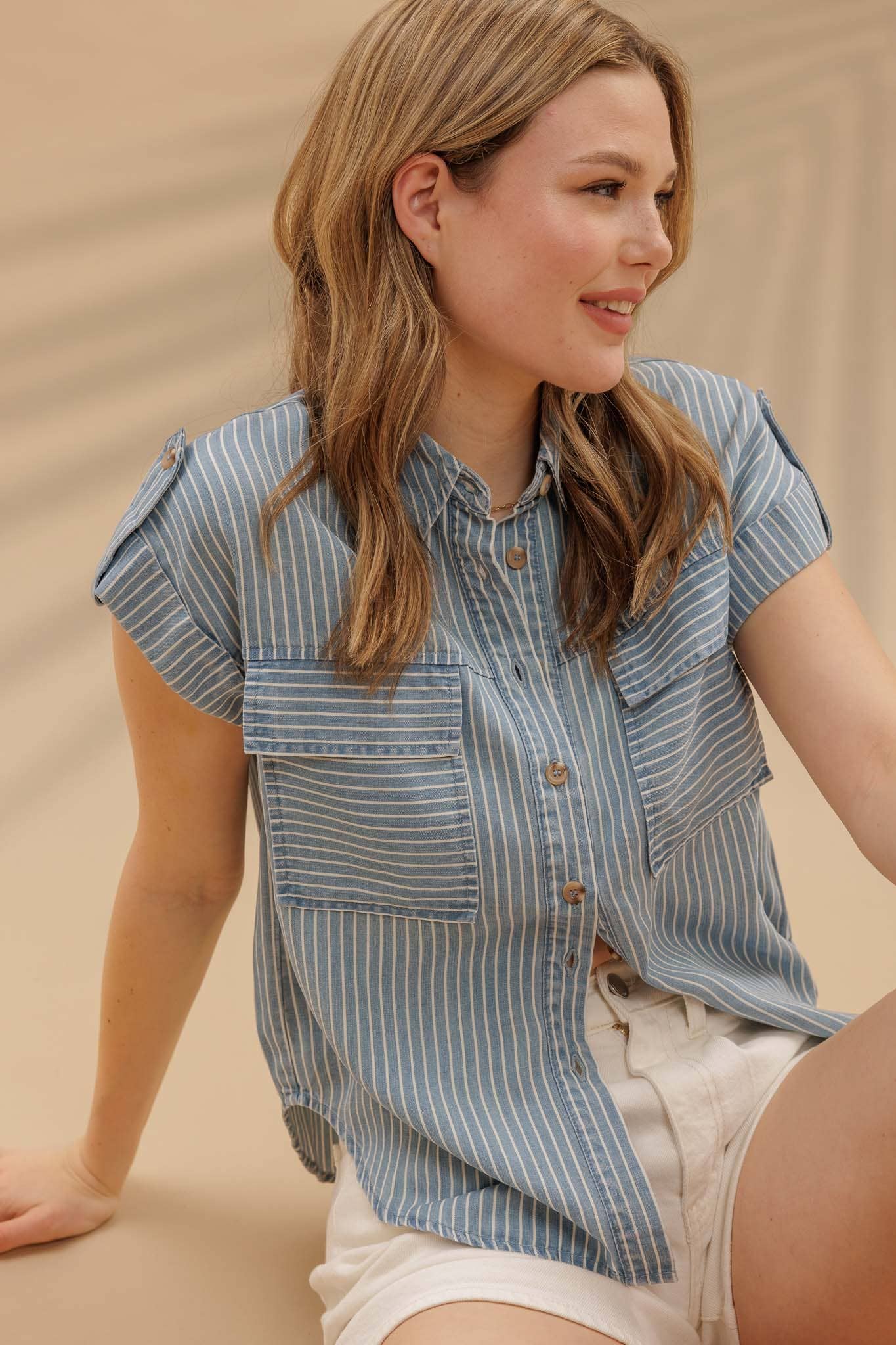 STRIPE BUTTON DOWN CHAMBRAY SHIRT
