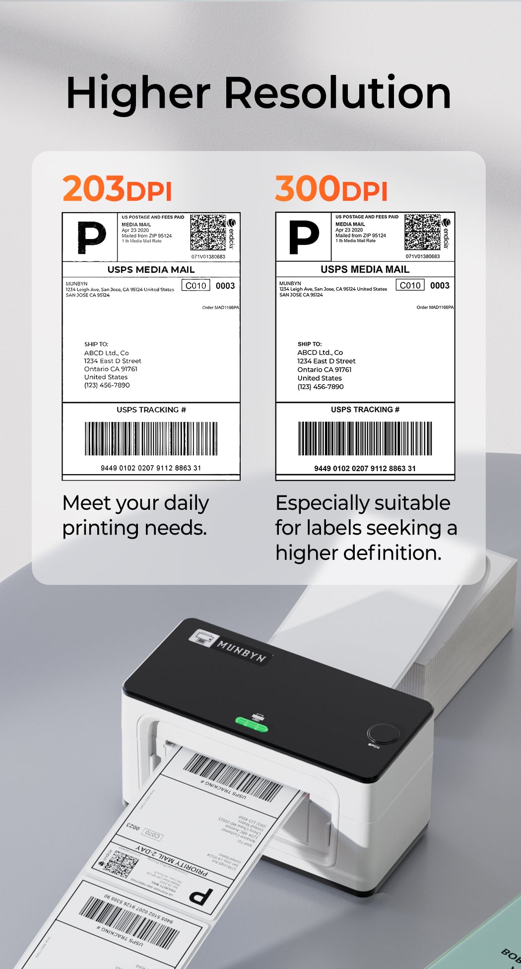 The Thermal Label Printer P941 offers dual resolutions of 203 and 300 DPI.