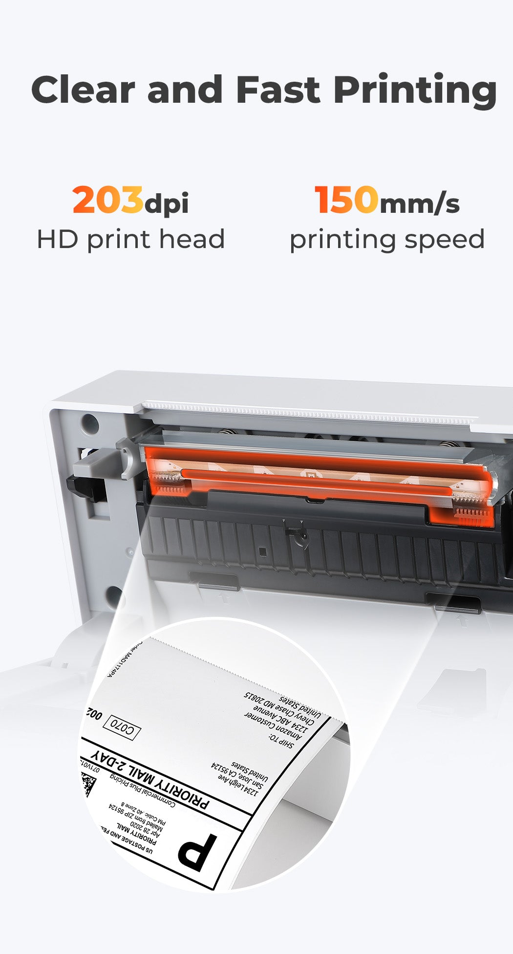 MUNBYN P130 direct thermal label printer can print labels at the speed of 150mm/s.