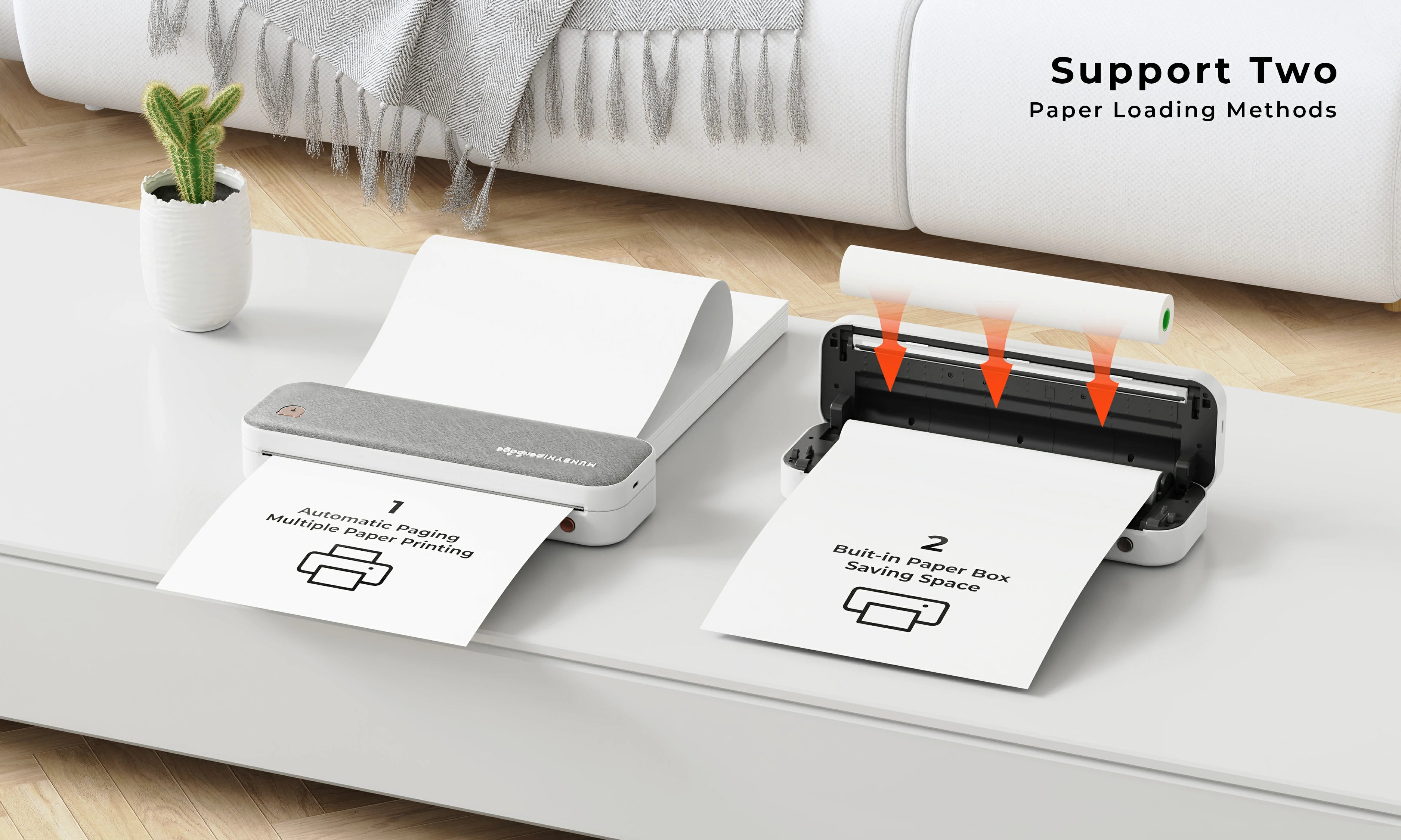 MUNBYN A4 thermal printer supports two paper loading methods.