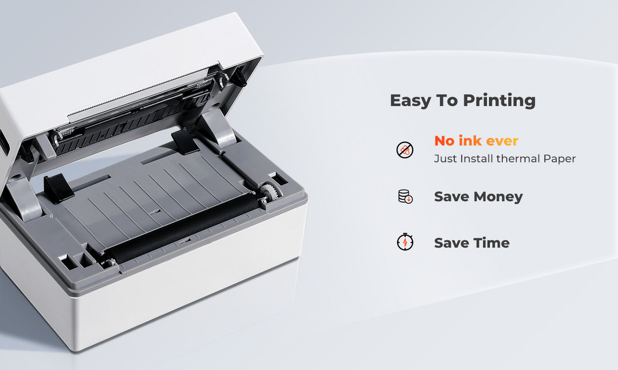 MUNBYN's white P130 thermal printer is a cost-effective printing solution that doesn't require ink. 