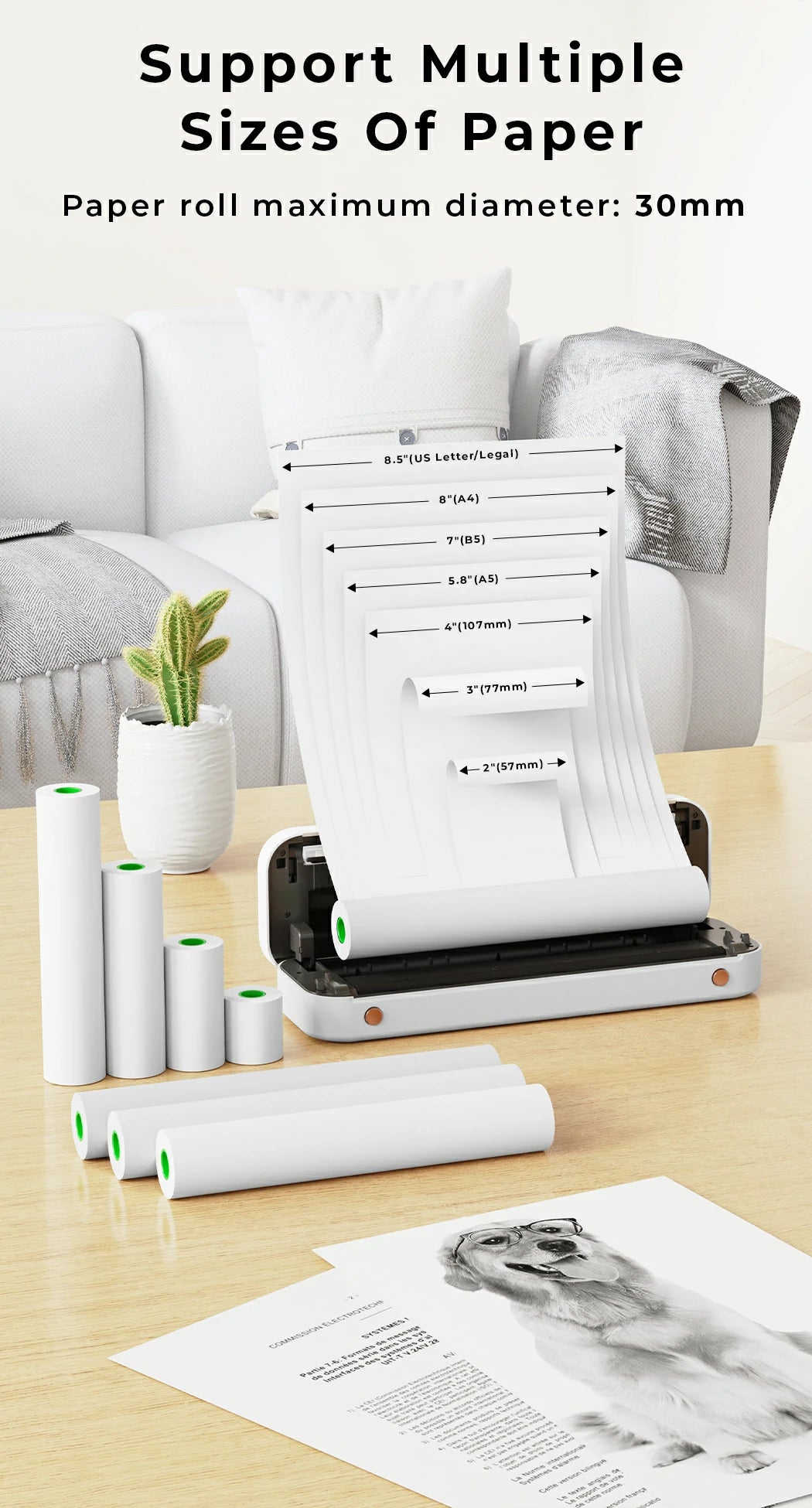 MUNBYN A4 thermal printer supports multiple sizes of paper.