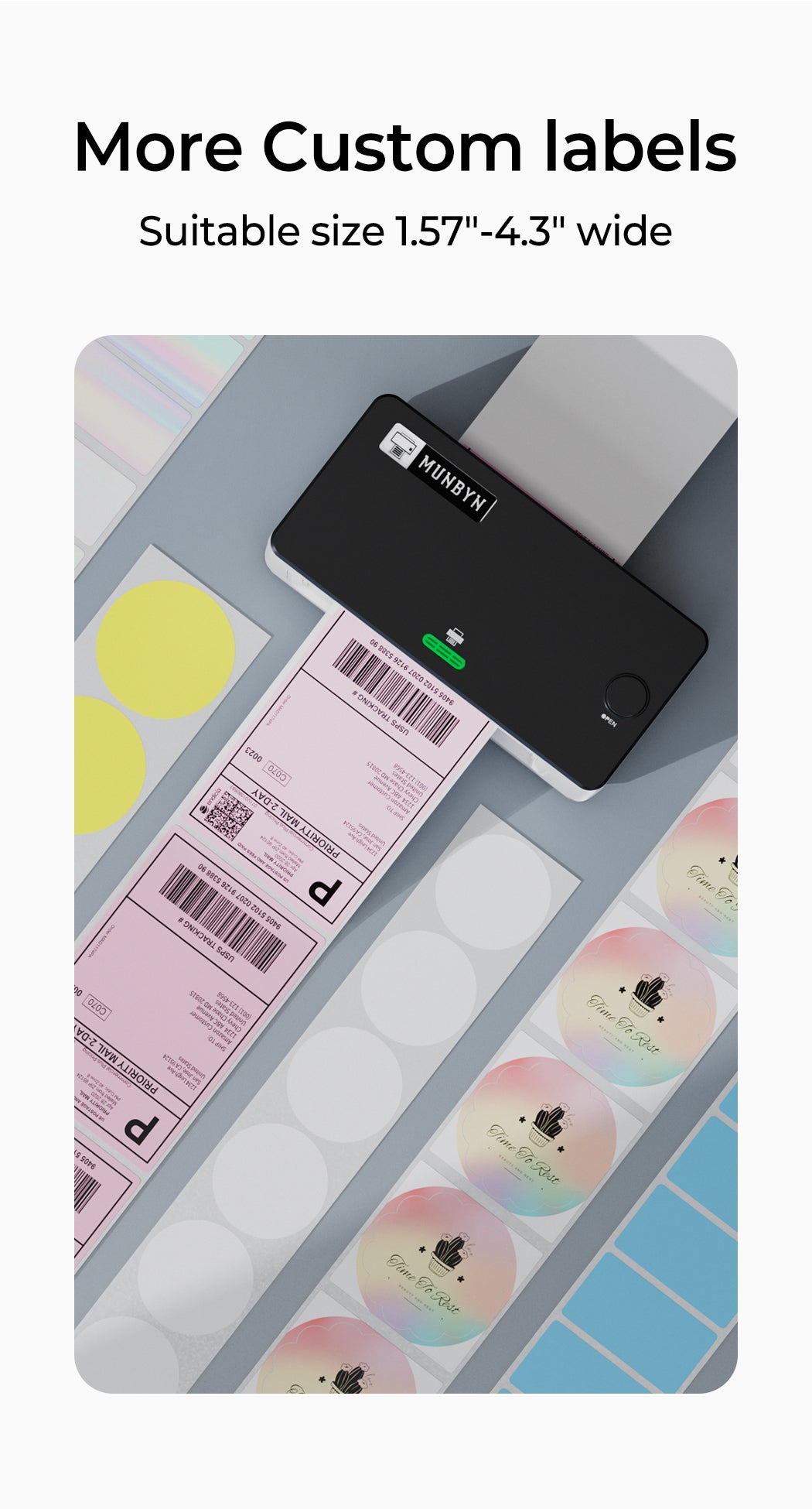 MUNBYN Bluetooth printer P941B can handle labels and stickers of various sizes, so you can use it for different purposes.