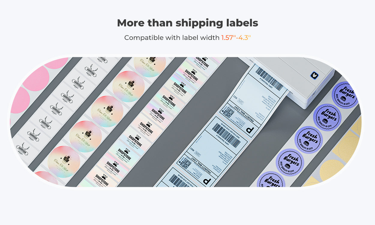 MUNBYN P130B Bluetooth printer can print thermal labels from 1.57 to 4.3 inches wide and serve diverse needs.