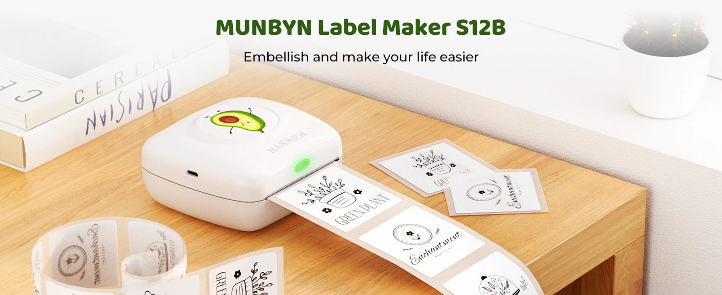 MUNBYN S12B label maker machine machine generates patterns on the thermal paper by heating.