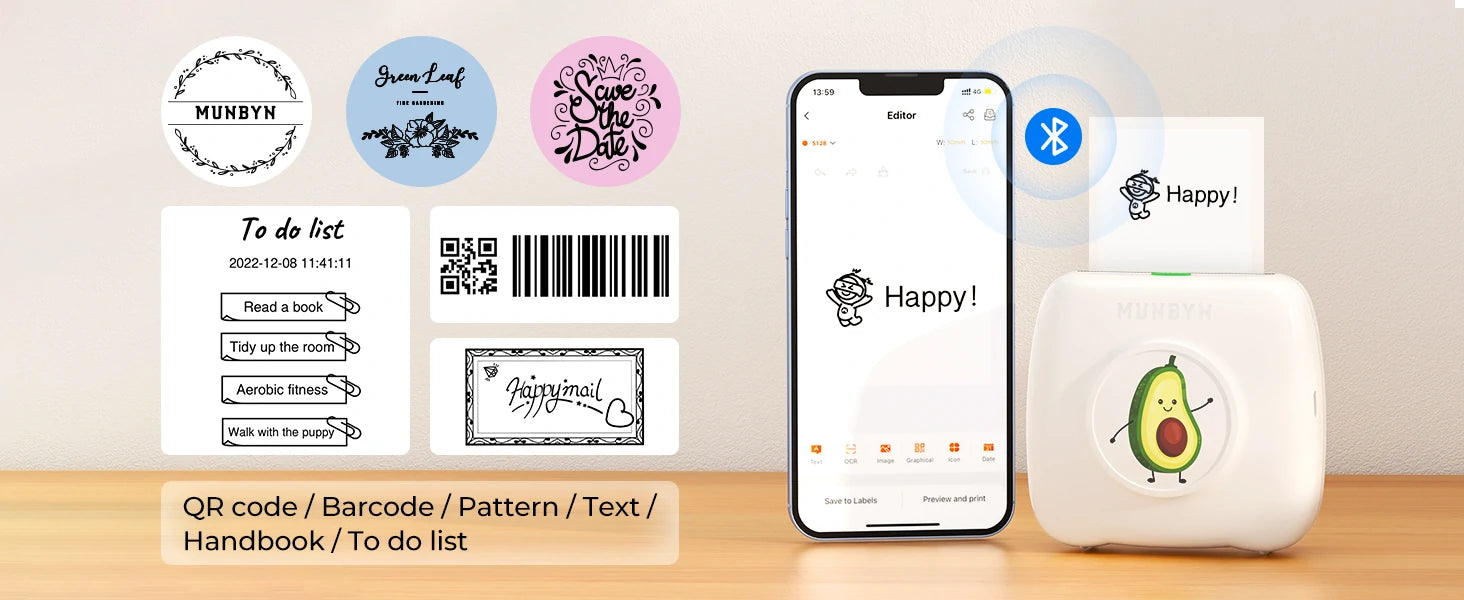 Users can connect the MUNBYN mini label maker S12 to their iPhone or Android device via Bluetooth.