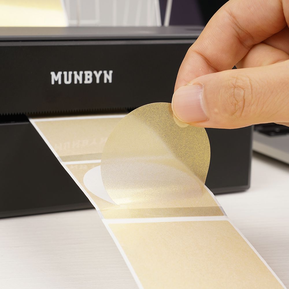 MUNBYN 50mm x 50mm gold translucent thermal labels are durable and easy to peel