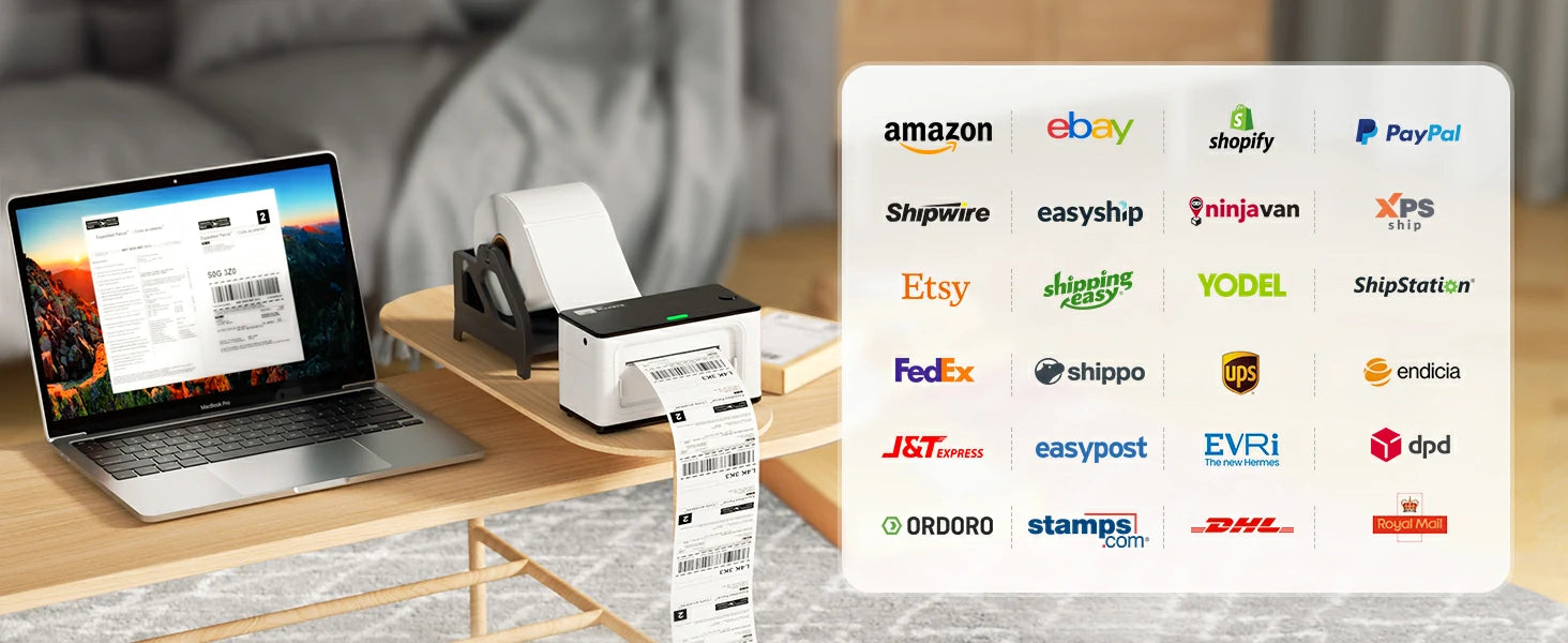 MUNBYN Bluetooth 4X6 thermal printer P941B is compatible with a variety of shipping and sales platforms, including UPS and Royal Mail.