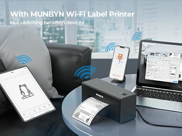 MUNBYN P129S wireless shipping label printer can connect the mobile devices and computers via WiFi.