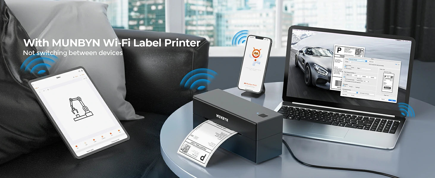 MUNBYN P129S wireless shipping label printer can connect the mobile devices and computers via WiFi.