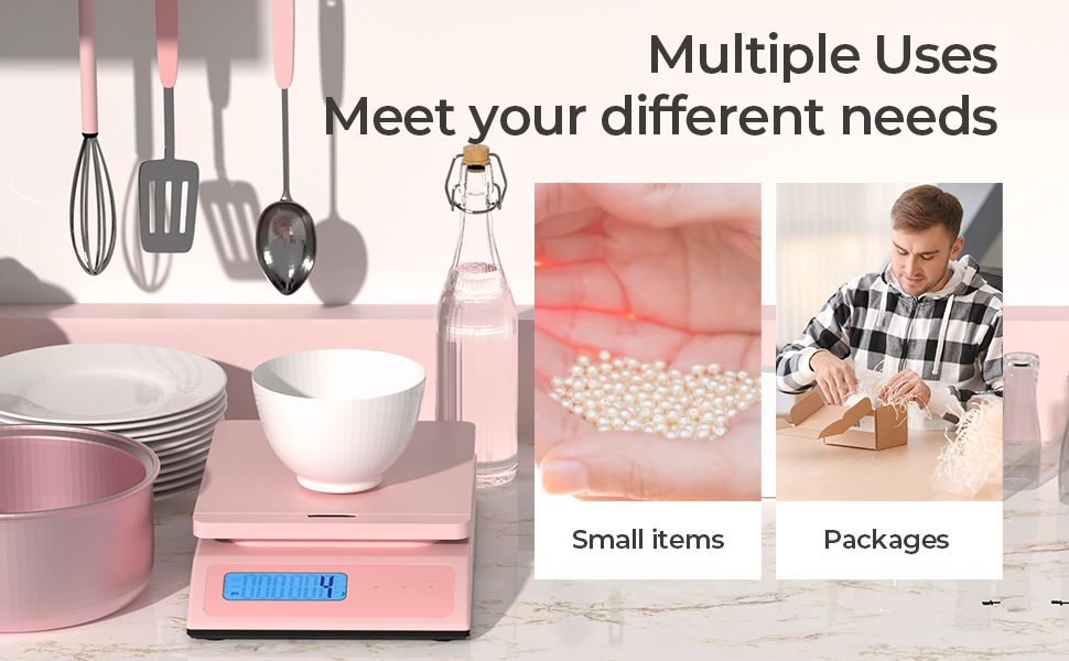MUNBYN pink digital postal scale can be used for a variety of purposes, including shipping, weighing food, and measuring ingredients.