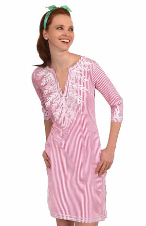 Wash / Wear Embroidered Pinstripe Dress-Pink