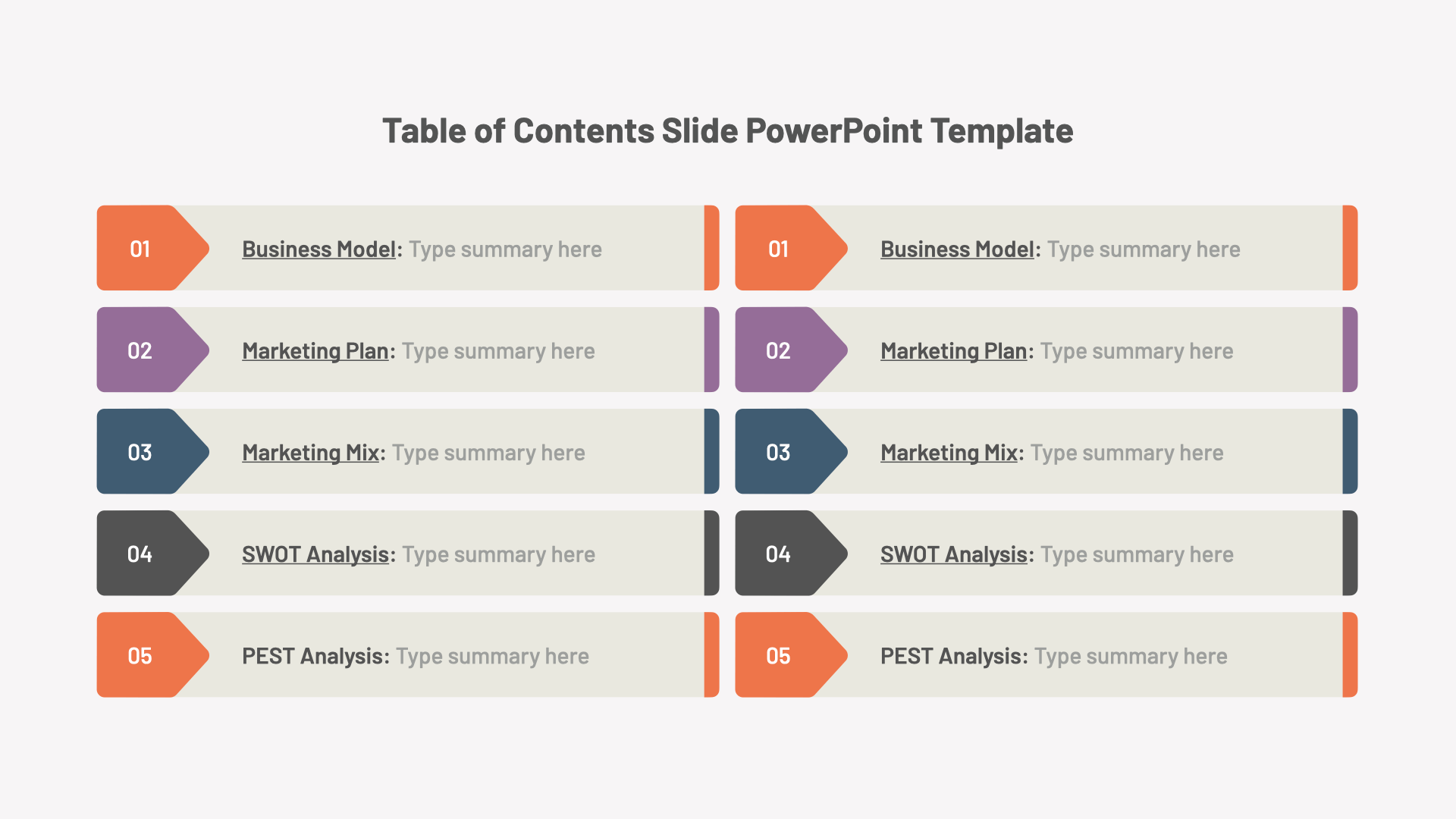 powerpoint presentation table of content