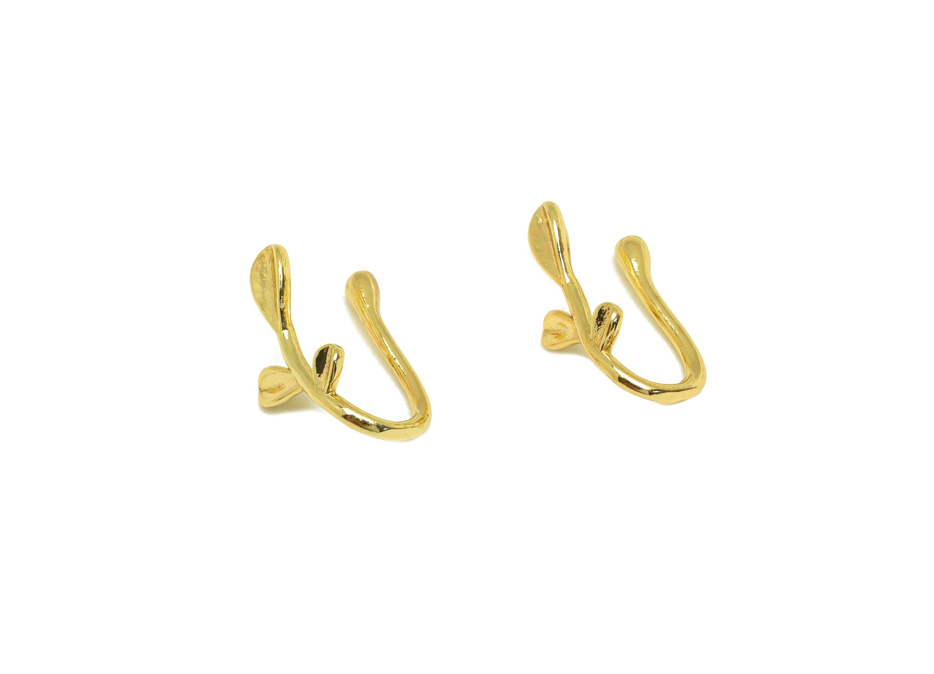 Brass Cuff Earring - Brass Mini Leaf Wire Hook Earring - Botanical Nose Clip - Cuff Earring - 18K Real Gold Plating - 14x6.7x6mm - RGP7116