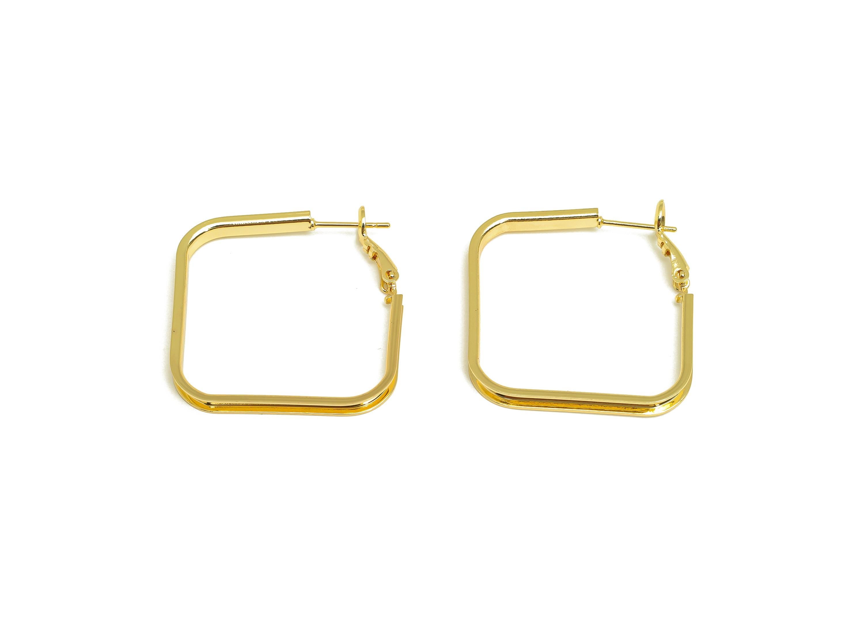 Brass Square Hoop Earring - Clasp Back Earring - Square Clasp Back Hoop Earring - 18K Real Gold Plating - 38.5x34.92x3.05mm - RGP7891