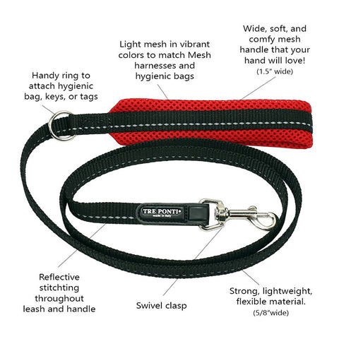 Tre Ponti Mesh Leash in Red product shot with features labels