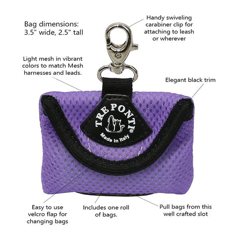 Tre Ponti Mesh Bag Dispenser in Purple with features labels