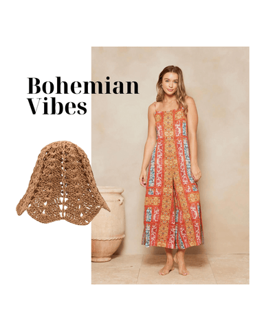 bohemian vibes outfit with crochet bucket hat