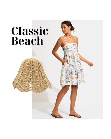 classic beach outfit with crochet bucket hat