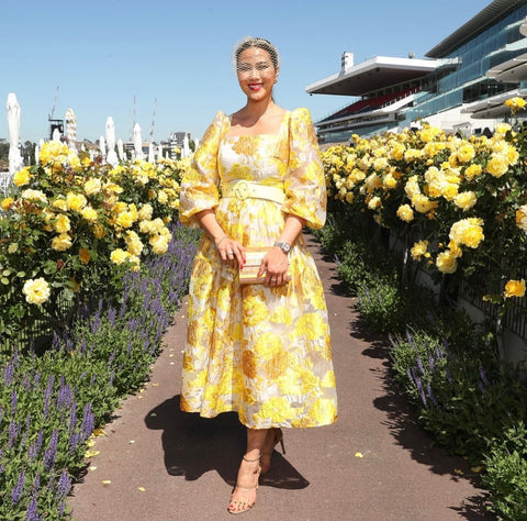 diana chan in her spring racing dress with ford millinery headpiece