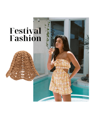 festival fashion outfit with crochet bucket hat