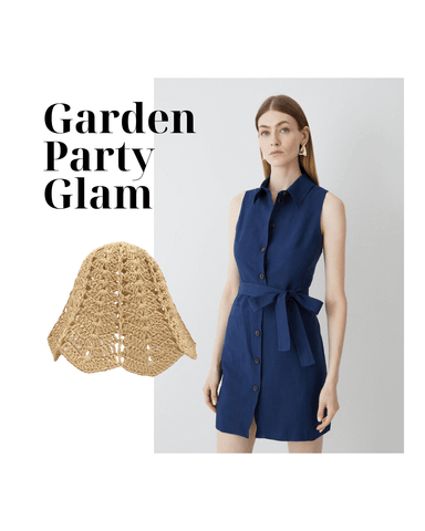 garden party glam outfit with crochet bucket hat