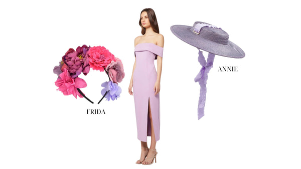 spring racing dresses for oaks day with headwear pairing