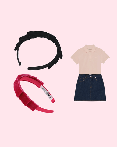 two velvet headbands paired with a shirt and a mini skirt