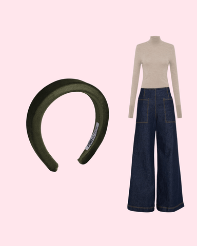 velvet headband with turtleneck long-sleeved shirt and wide-leg pants