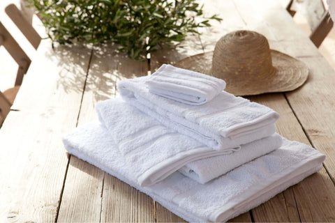 Luxury White Terry Towel Set with Rustic Straw Hat